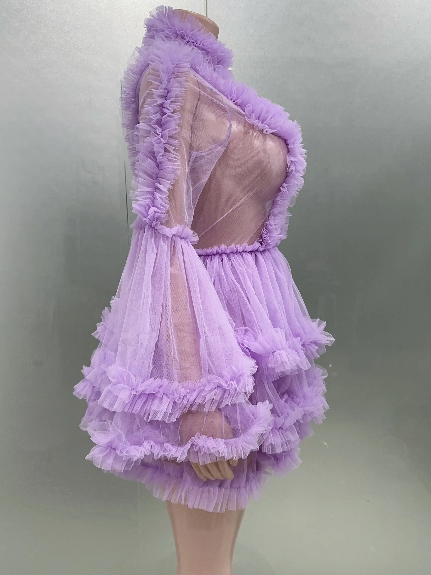 Purple Color Women Sexy Puff Sleeve Mesh Ruffles Mini Dress Birthday Celebrate Party Girls' Photo Shoot Wear Vestido