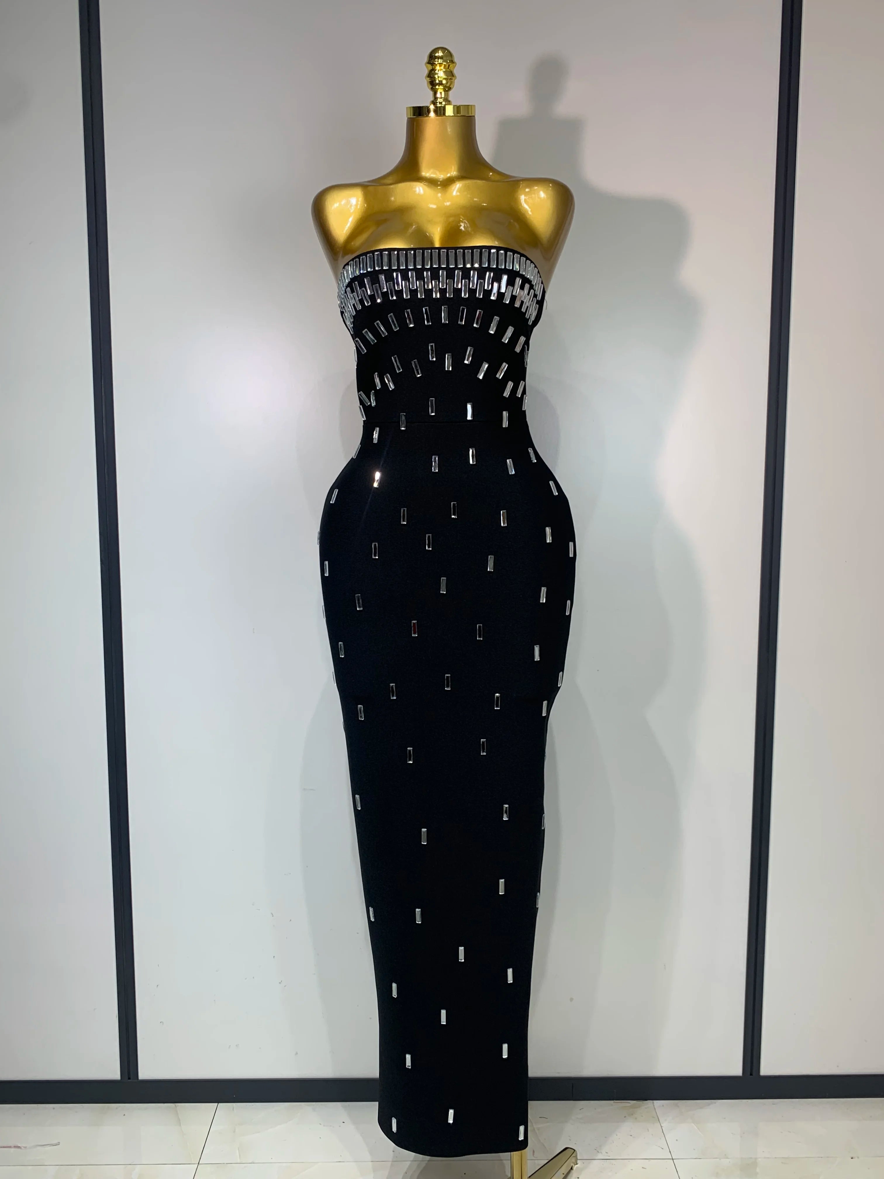 Fashion Sexy Strapless Bodycon Bandage Dress Luxury Rhinestone Celebrity Elegant Evening Prom Gown Birthday Wedding Guest Dress black