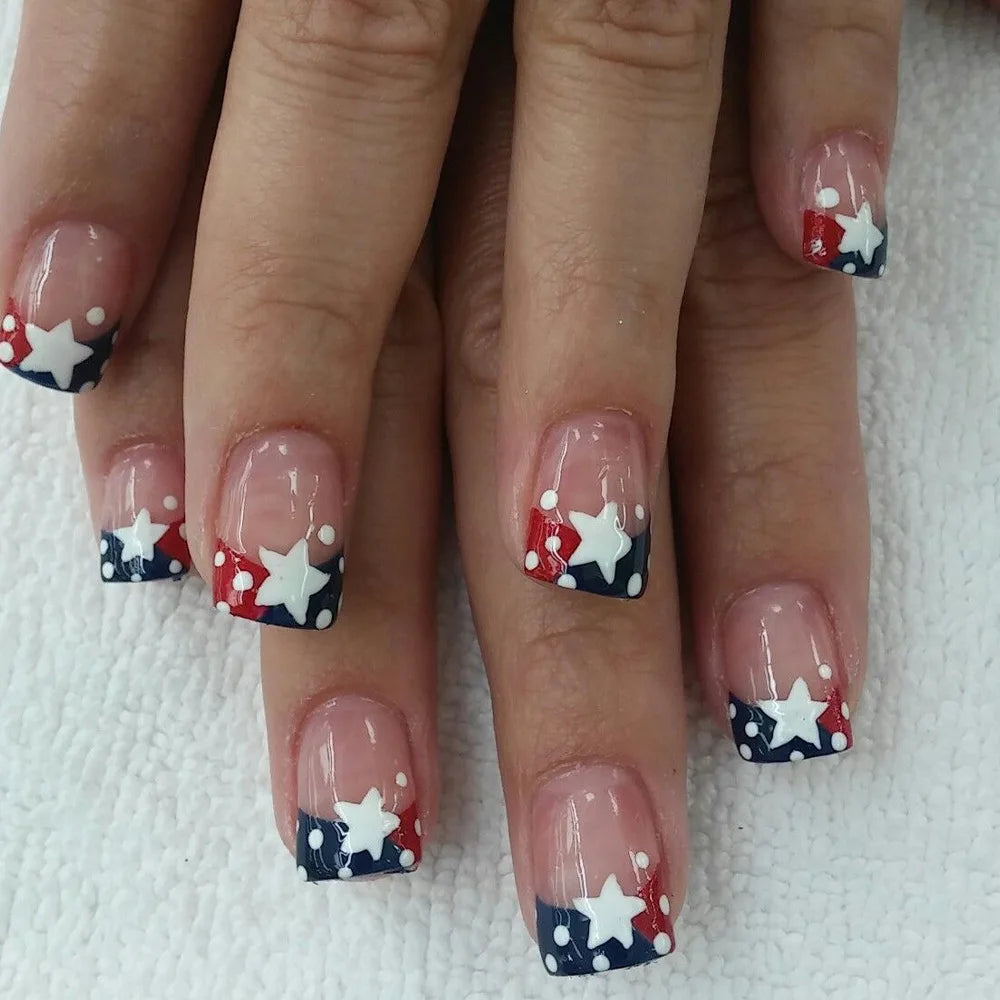 24pcs/set short square fake nails for US Independence Day blue red white star strawberry with glitter press on false nail tips 1365