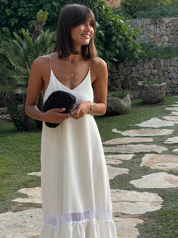 Elegant Women's Backless Satin Maxi Dress Casual Loose V Neck Side Splited Strap Robe 2024 Summer Female Vacation Beach Sundress