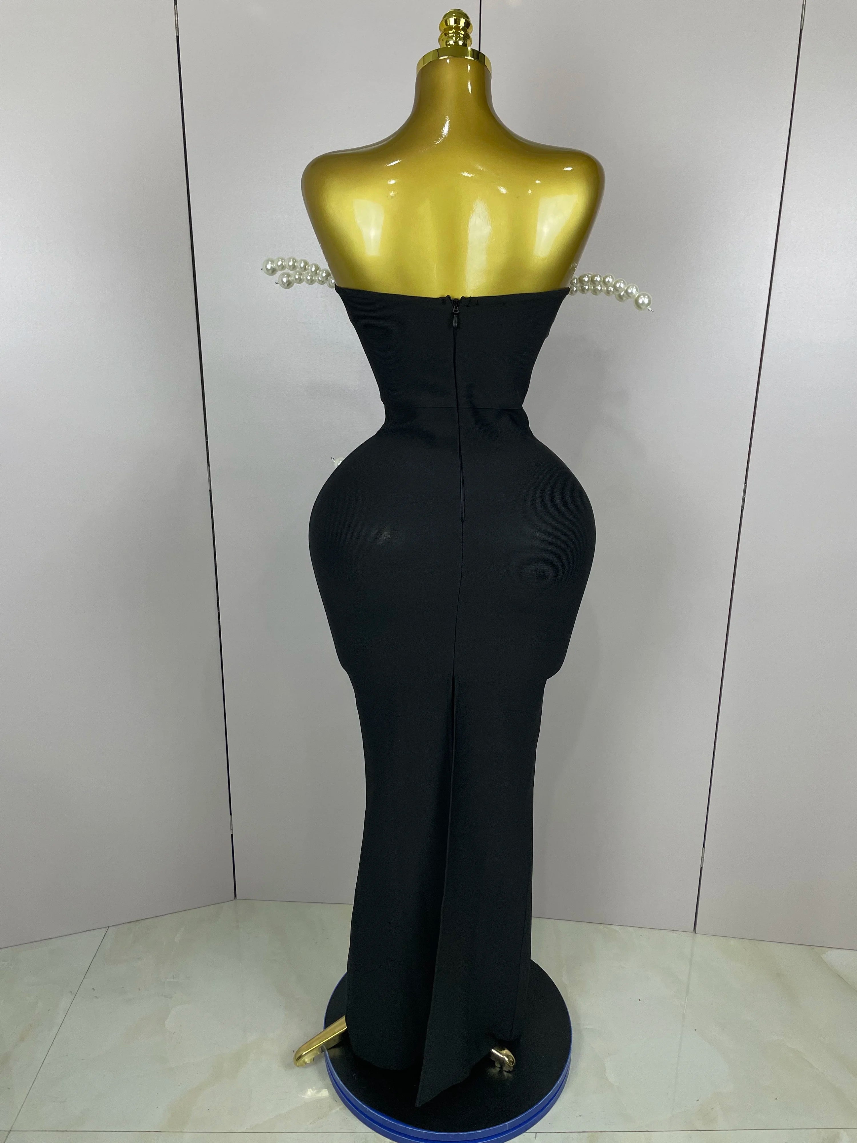 2025 New Sexy Strapless Pearl Beading Bodycon Long Bandage Dress Women Fashion Elegant Evening Party Luxury Birthday Dresses