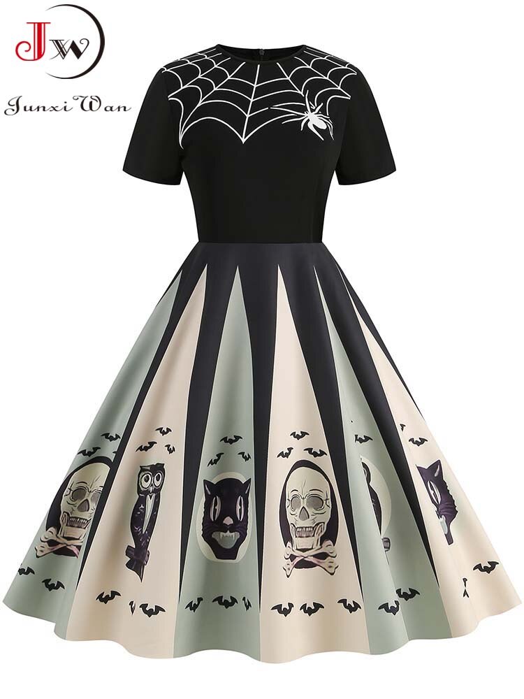 Women Halloween Costumes Dresses Short Sleeve Print 2024 Autumn Winter Vintage Party Dress Vestidos