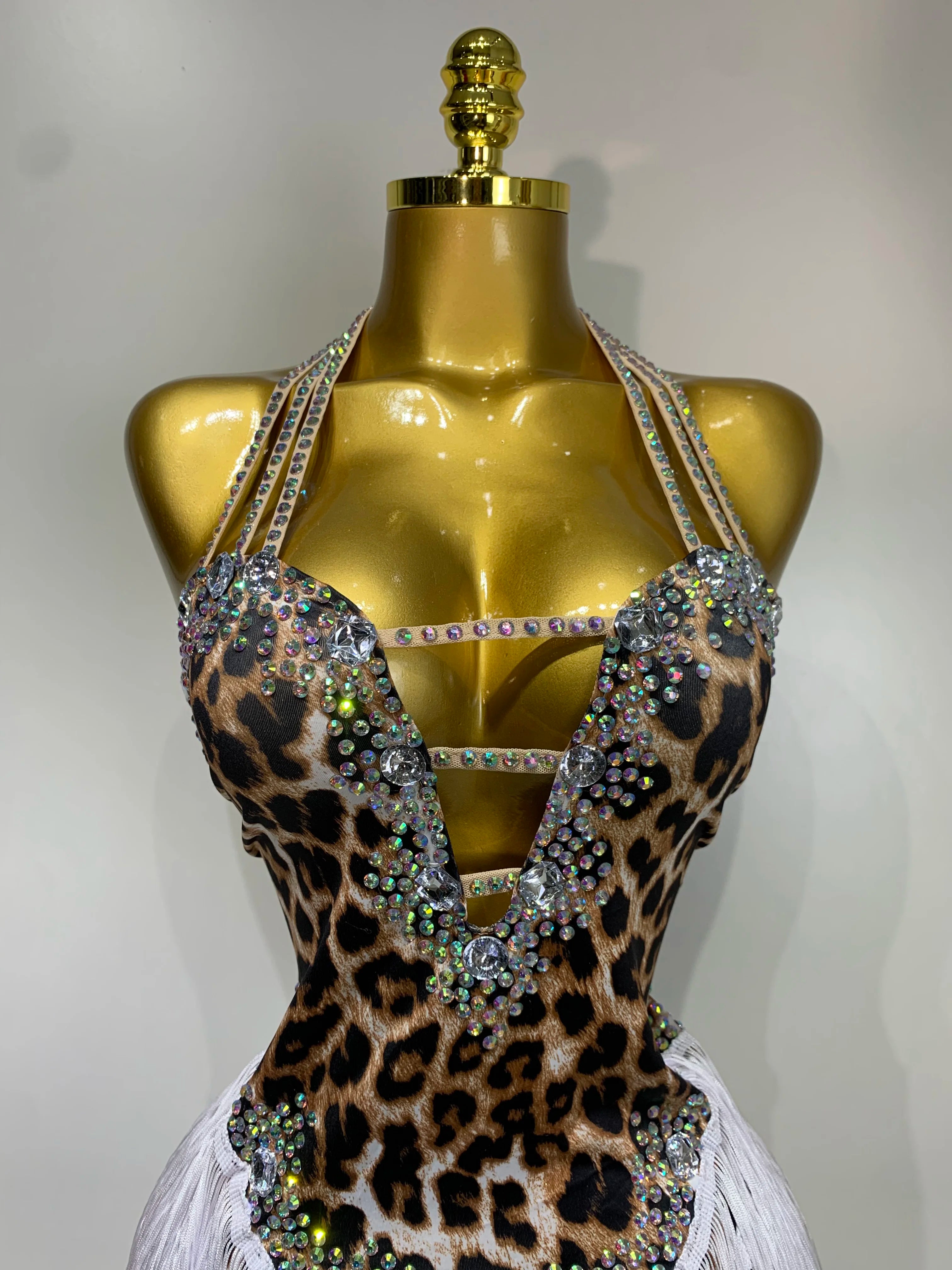 Sexy Backless Sparkly Rhinestones Tassel Leopard Print Bodysuit Performance Dance Costume Singer Dancer Stage Wear Club Outfit