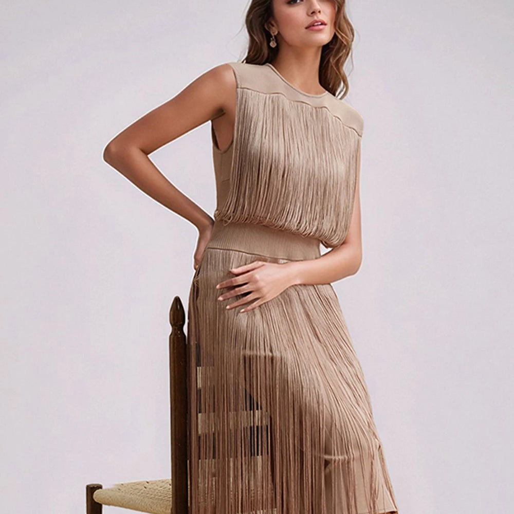 2025 New Tassel Patchwork Party Fashion Midi Dress Women Summer Sleeveless Solid High Street Ladies Vestidos