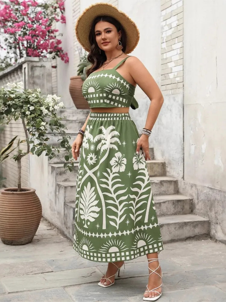 Plus Size Summer Floral 2 Two Piece Set Women Slim Ladies Cropped Sleeveless Slip Tops Ruffle Fashion High Waist Woman Skirts