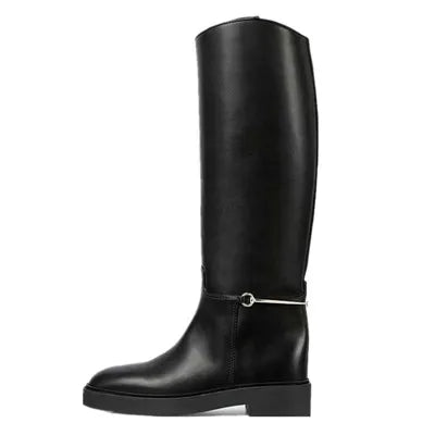 Autumn Winter Women Knee High Boots for Woman's Round Toe Low Heels Knight Boots Sexy Slip-On Women Thick Bottom Motorcycle Shoe Black matte finish