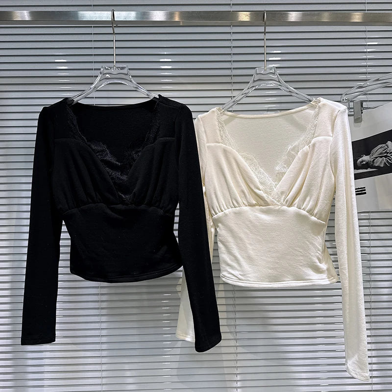 Winter New Elegant Fashion V-neck Lace Trim Design Long Sleeve Base Shirt For Women Slim Fit Tops Female 11A07606