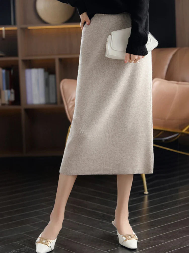 Women's Cashmere Long Knitted Skirts High Waisted Wool Midi Skirt Black Dark Brown Grey Pink Female Bottoms Winter Fashion Y2k Light Tan