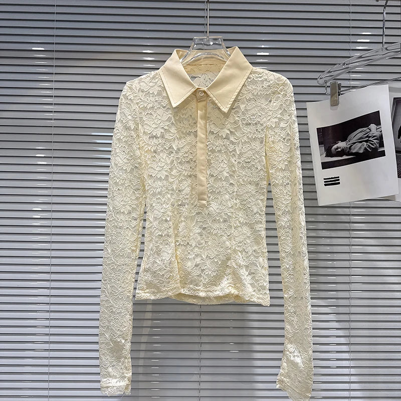 Spring New Fashionable Elegant V-neck Turn-down Collar Lace Hollow Long Sleeve Base Shirt For Women 11A07847 Creamy-white