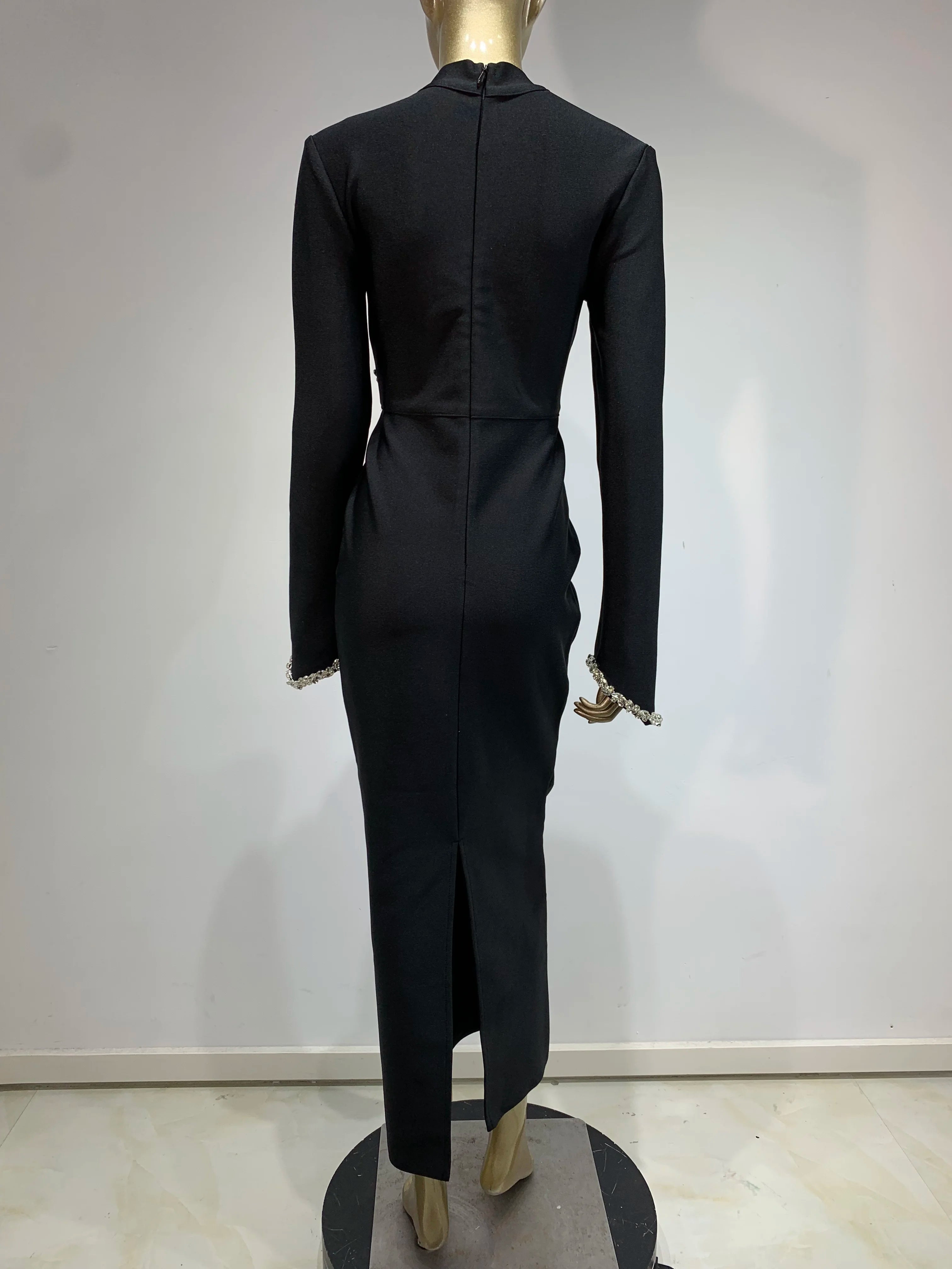 Women Winter Celebrity Sexy Turtleneck Diamonds Black Maxi Long Bodycon Bandage Dress 2024 Elegant Evening Club Party Dress