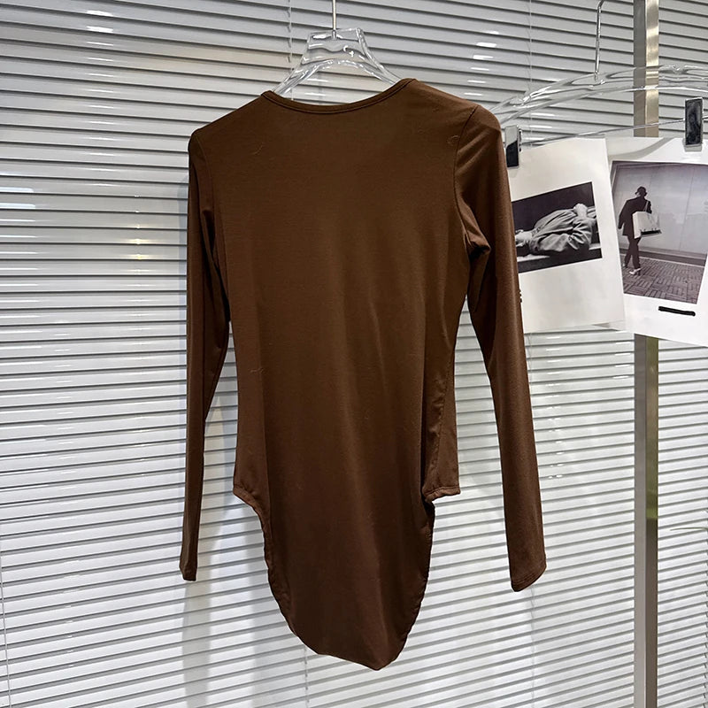 Winter New Fashion Contrast Color Chest Pad Base Shirt Slim Fit Jumpsuit For Women T-Shirt Female 11A07662