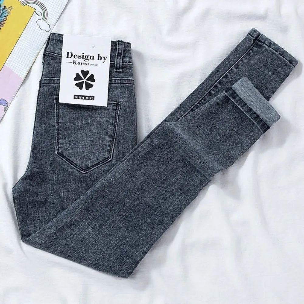 New Spring Autumn Season Blue Pencil Jeans Womens Mid Waist Skinny Vaqueros Fashion Plush Denim Capris Slim Jean Trousers