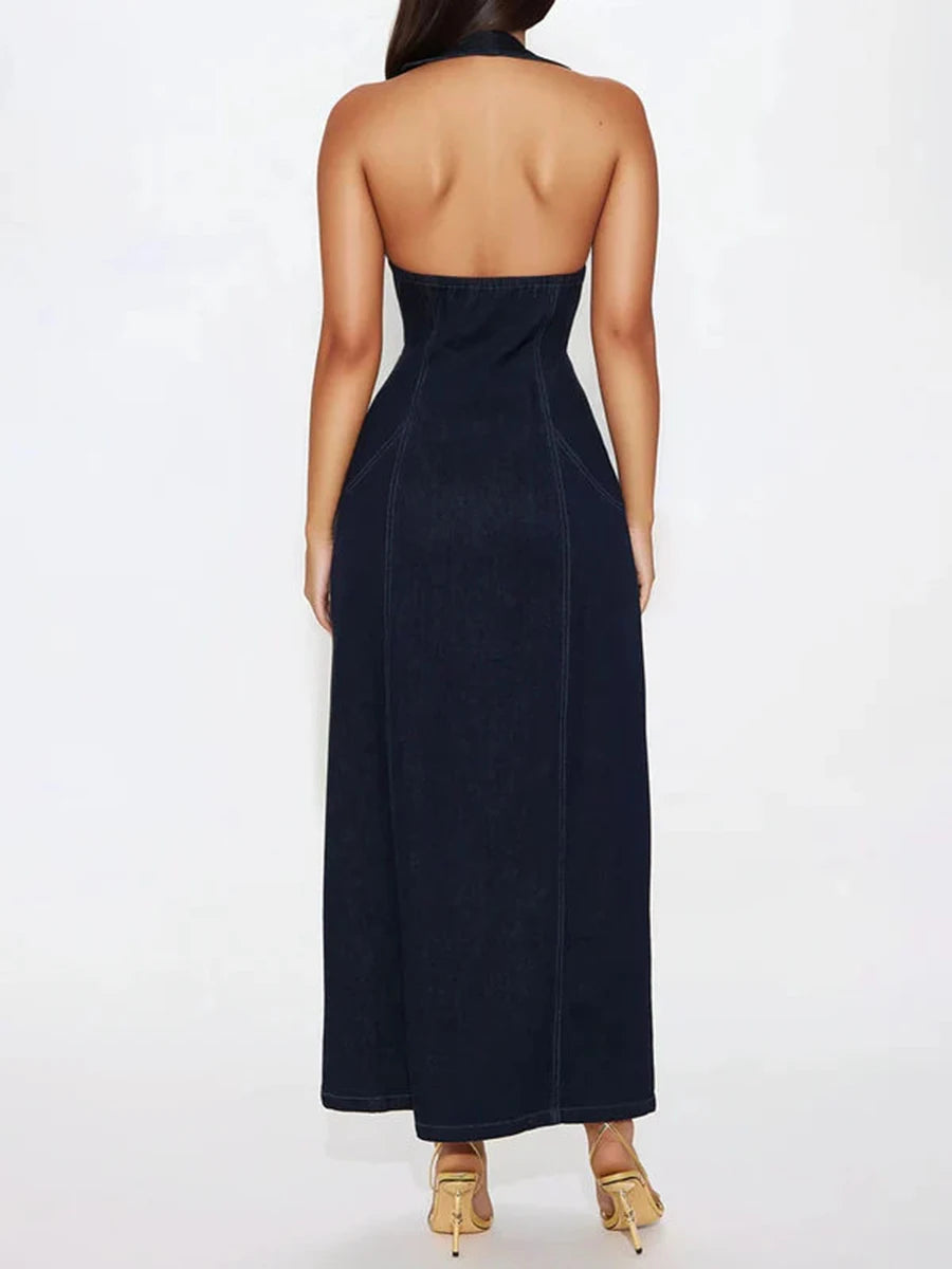 Solid Slimming Spliced Zipper Cowboy Dresses for Women Halter Neck Sleeveless Temperament Dress Femlae Fashion New