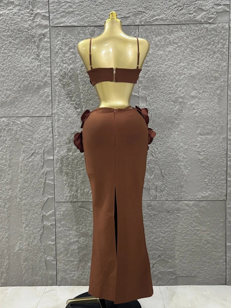 Hot Sale Women Sexy Strap Florlas 2 Pieces Bodycon Long Bandage Dress Nightclub Party Bar Singer Celebrate Birthday Outfit