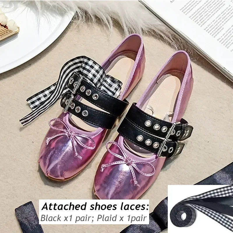 Luxury Brand Designer Ankle Strap Ballet Flats Buckles Silk Ballerina Shoes Woman Cross Strappy Satin Bowknot Mary Janes Pink Metallic