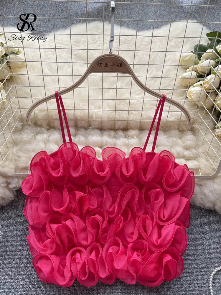 SINGREINY French Style Sheath Solid Sexy Camisole Female 3D Flowers Elastic Tops Ladies Holiday Short Sweet Streetwear Camis rose red One Size