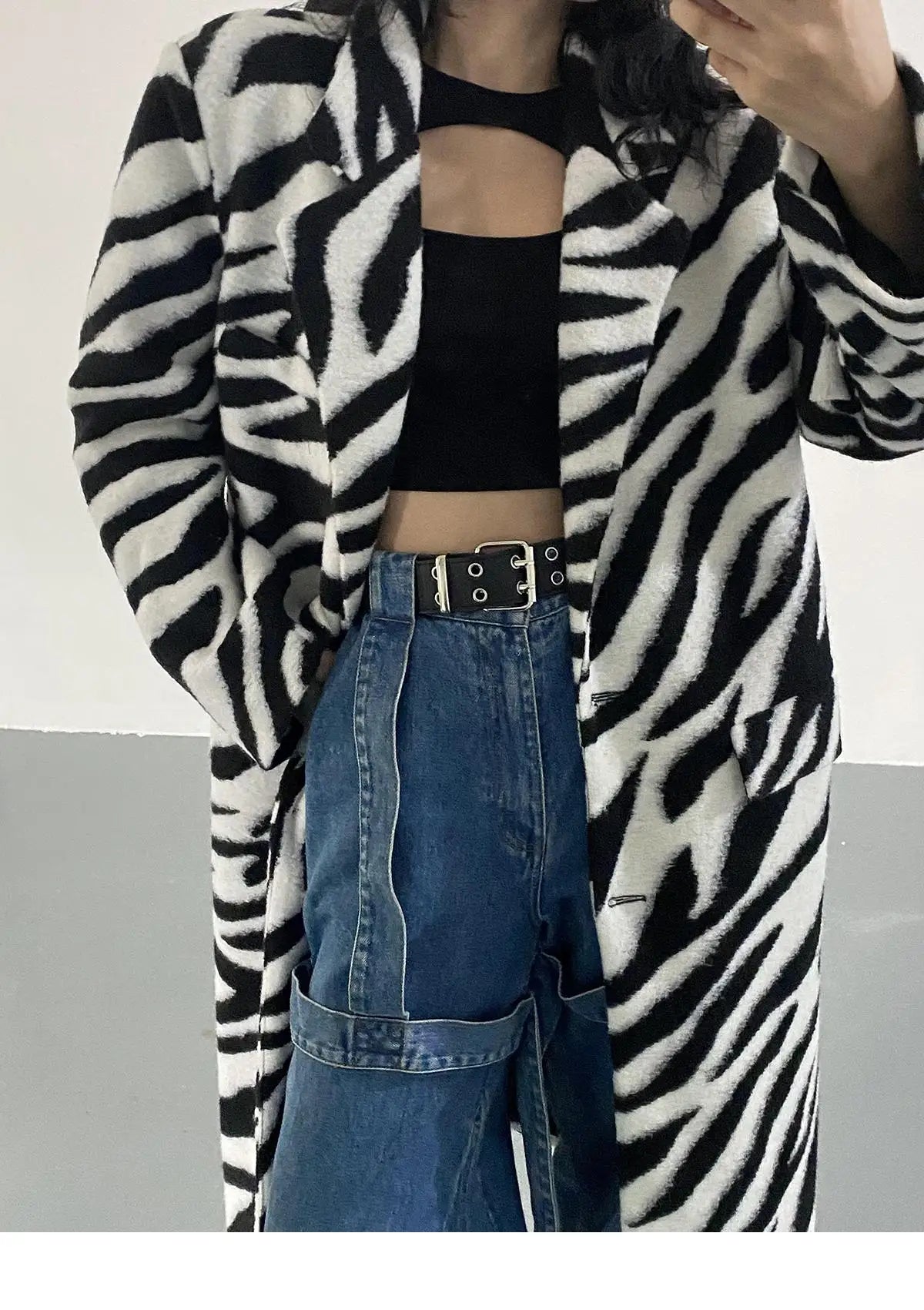 Women Wool Coat Temperament Zebra Pattern Full Sleeve Winter Jacket All Match Outwear Loose Long Overcoat Autum