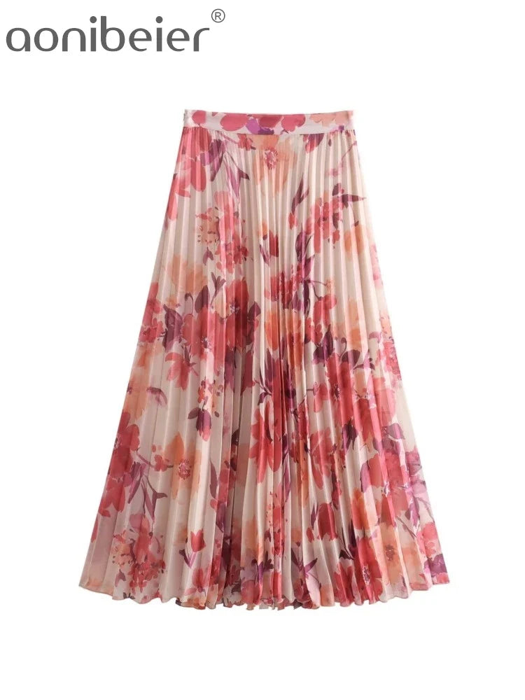 Aonibeier Summer Women Printed Suits Traf Wrist Sleeve V Neck Casual Shirt Female Pleated Maxi Long Skirt Sets Y2K Street