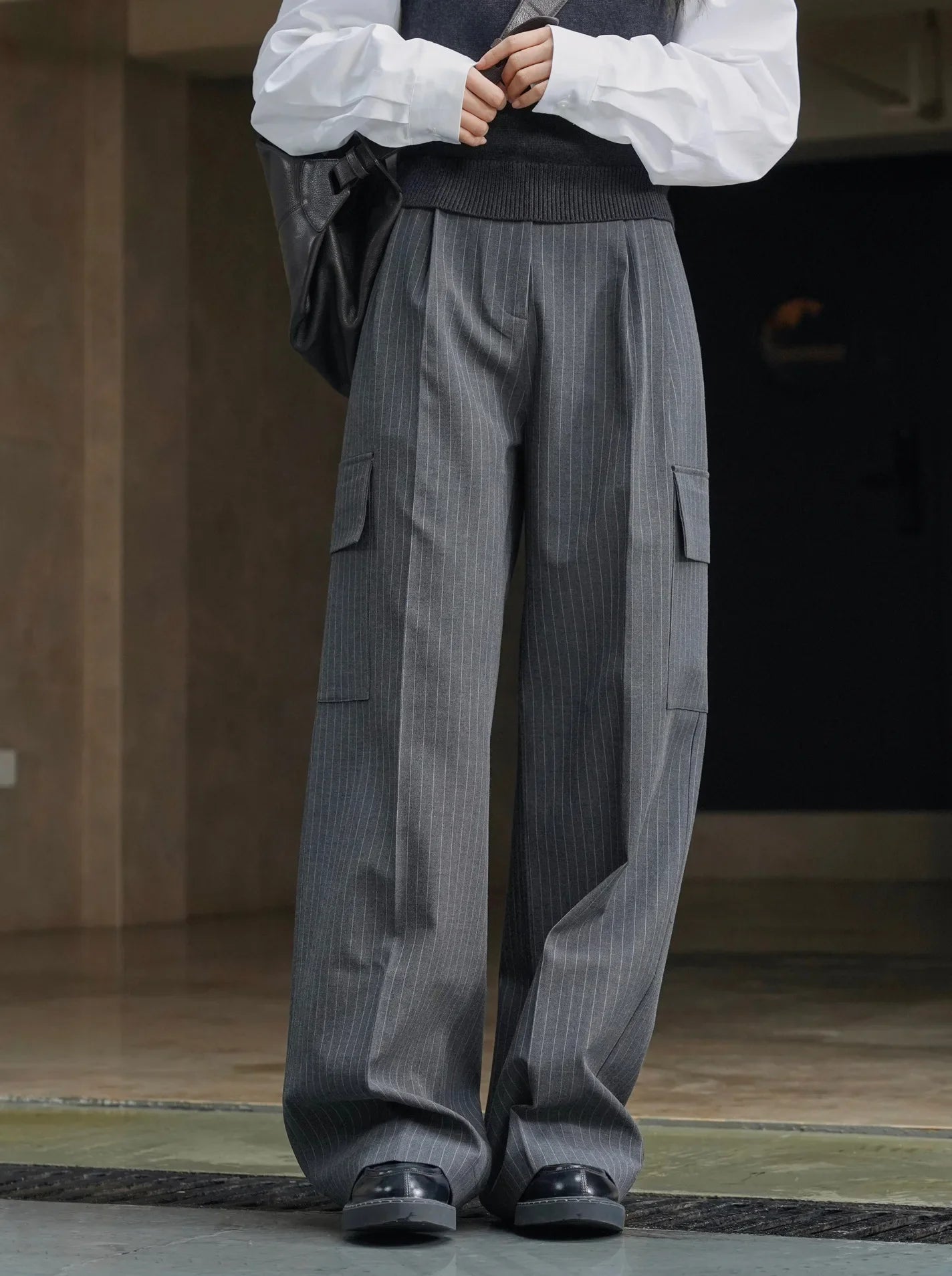 Spring and autumn women's casual striped high waisted loose pants Dark Grey