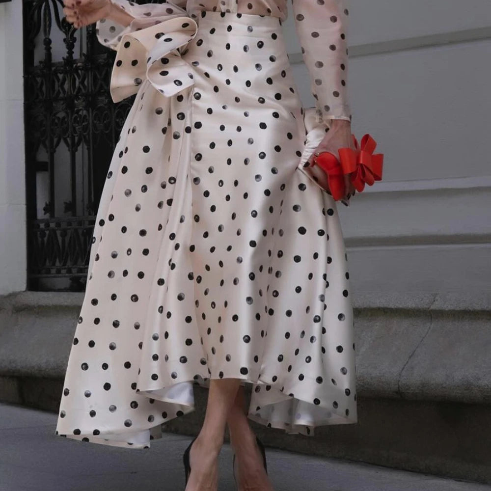 Hit Color Sheer Spliced Wave Point Two Piece Sets for Women Round Neck Long Sleeves Top High Waist Skirt Set Female APRICOTSKIRT