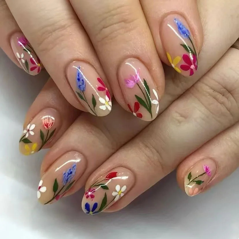 24Pcs Press on False Nails Simple Garden Fresh Flowers Design Sweet Fake Nails Tips Art Wearable Almond Stiletto Oval Manicure 12