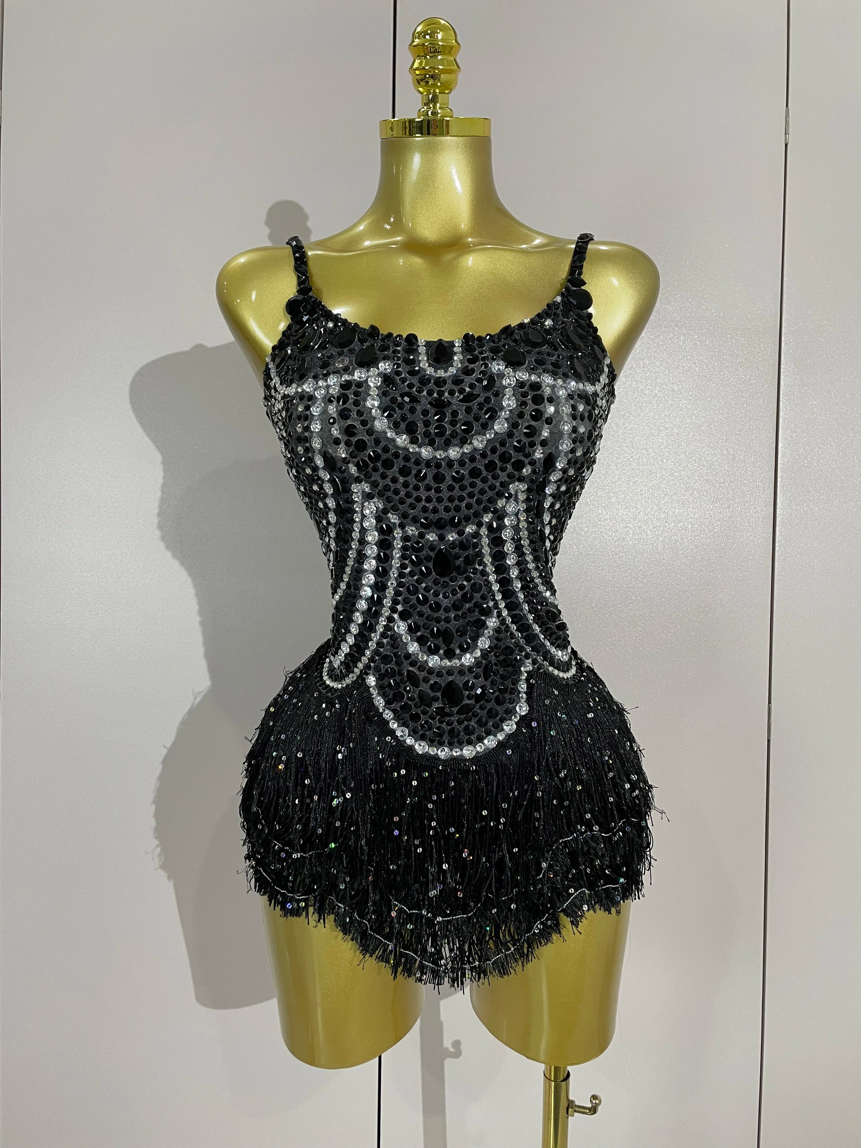 Sparkly Silver Rhinestones Pearl Tassels Bodysuit 2025 New Women Sexy Eveing Birthday Party Nightclub Stage Performance Costume black