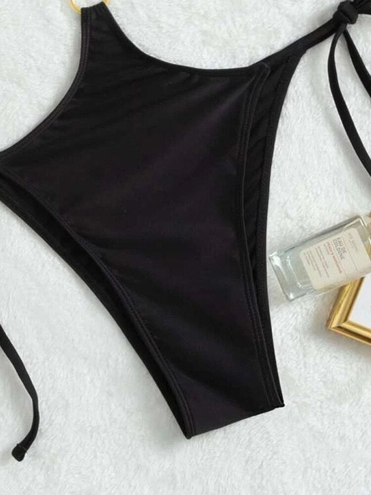 Sexy Black Strapped Swimwear - High Cut Push UP One Piece Swimsuit Monokini Backless Hollow Bathing Suit