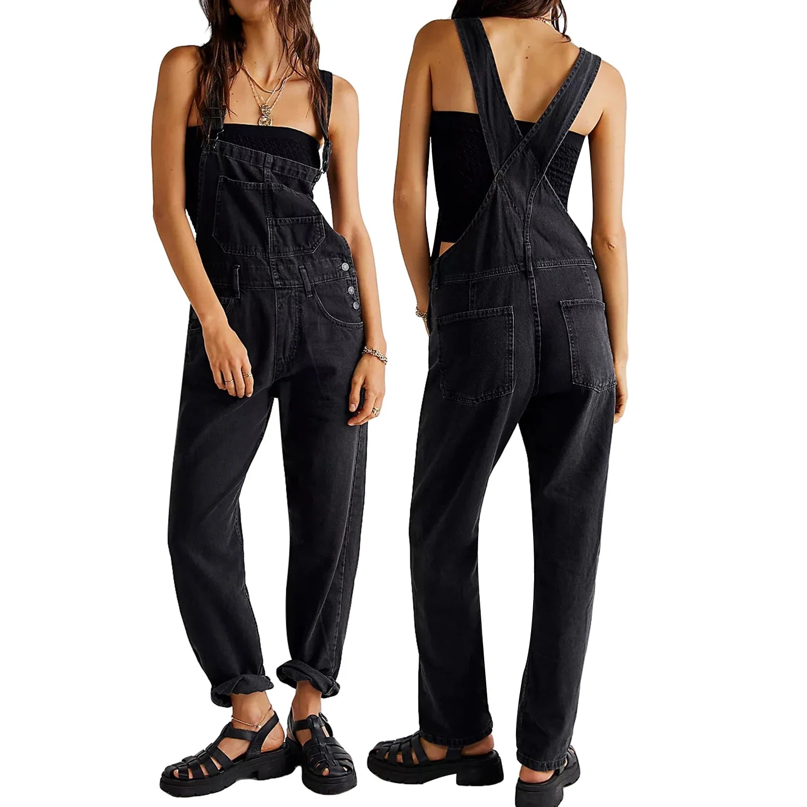 Women Vintage Retro Denim Long Jumpsuit Casual Spaghetti Strap Straight Romper Suspender Pants Summer Baggy Bib Loose Overalls Black