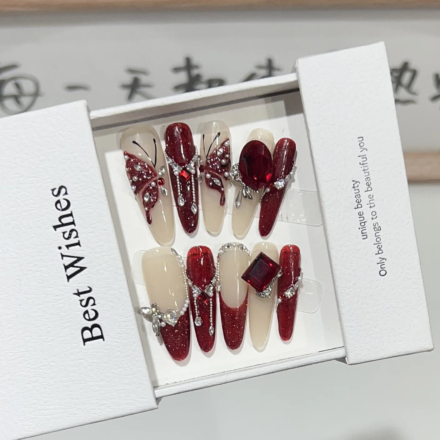 10Pcs Purple Flower Handmade Almond Press on Nails French Rhinestone Full Cover Fake Nail Ballet Manicure Wearable Nail Tips