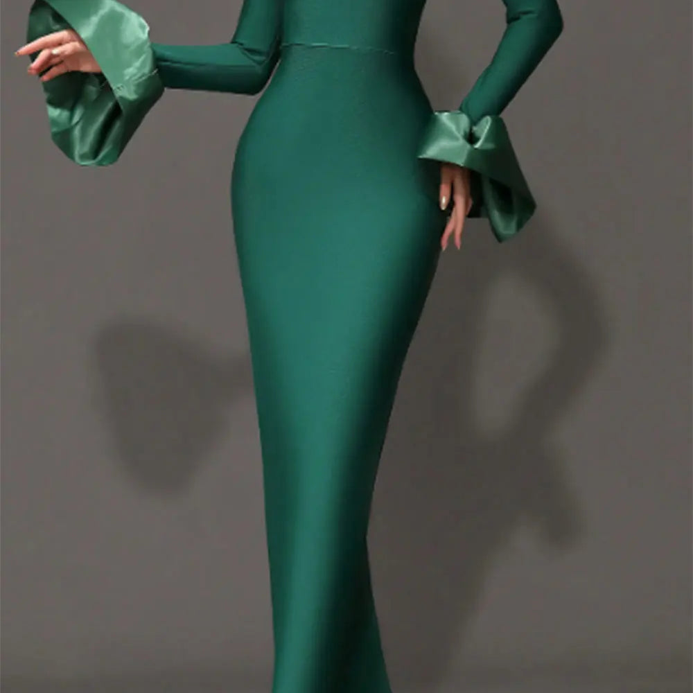 2024 Elegant Women's Black Maxi Dress Stand up Neck Flare Sleeves Bodycon Bandage Long Dresses Cocktail Evening Party Vestidos green