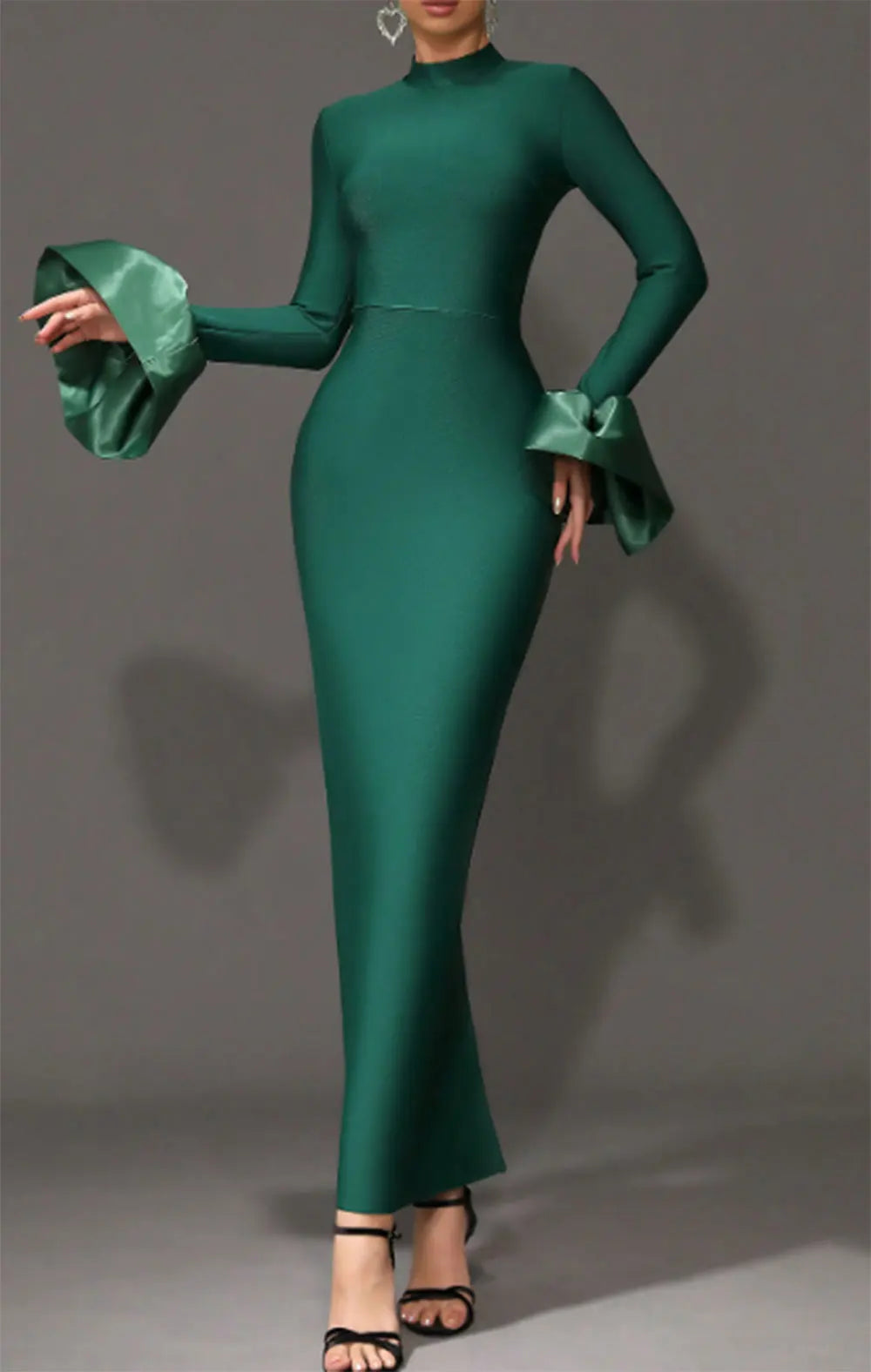 2024 Elegant Women's Black Maxi Dress Stand up Neck Flare Sleeves Bodycon Bandage Long Dresses Cocktail Evening Party Vestidos green