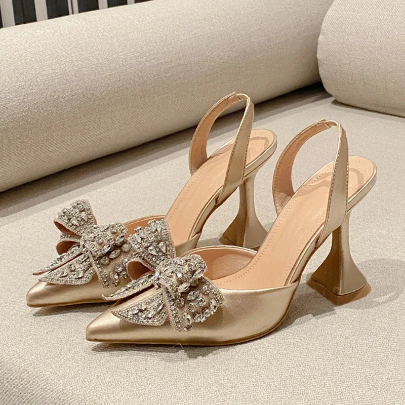 Eilyken New Design Crystal Butterfly-knot Women Pumps Street Style High Heels Pointed Toe Shoes Sexy Wedding Party Sandals Champagne