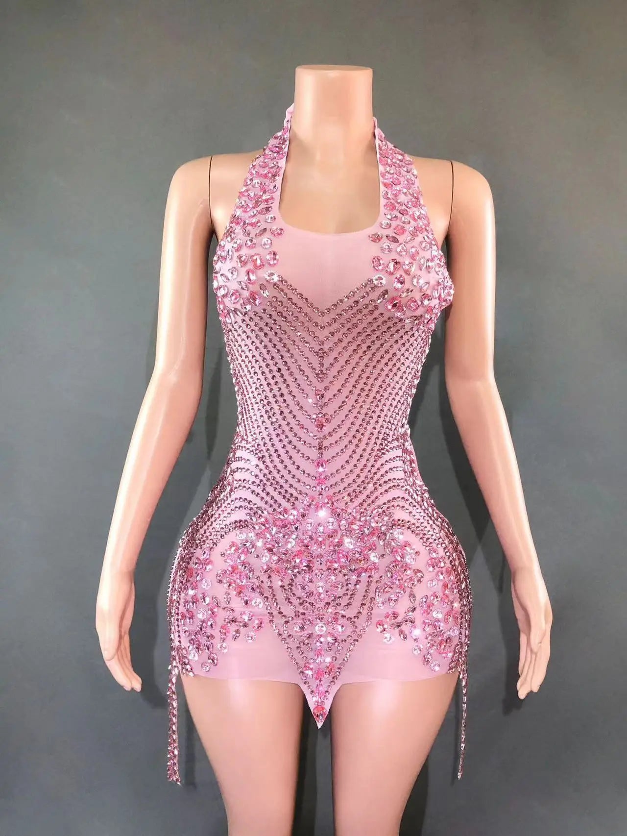 Sparkly Rhinestones Evening Prom Celebrate Birthday Dress Sexy Halter Backless Mesh Velvet Short Dress Performance Stage Wear Pink