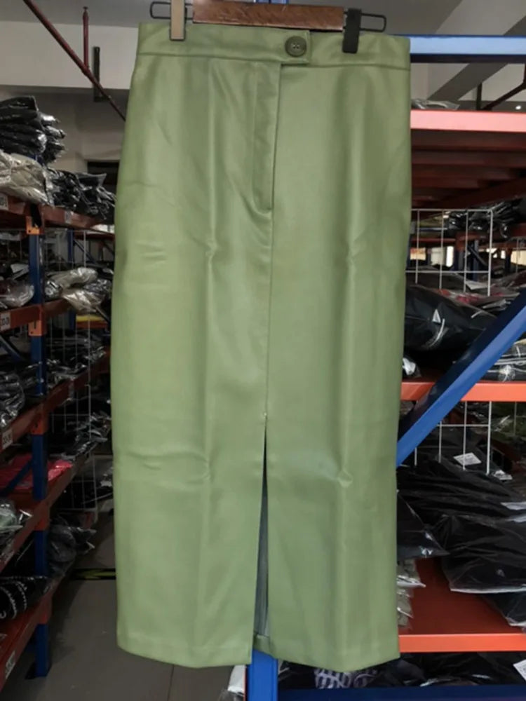 DEAT Fast Delivery New Fashion Korean Female PU Leather Mid-calf Length Spit Sexy High Waist Skirt AY095