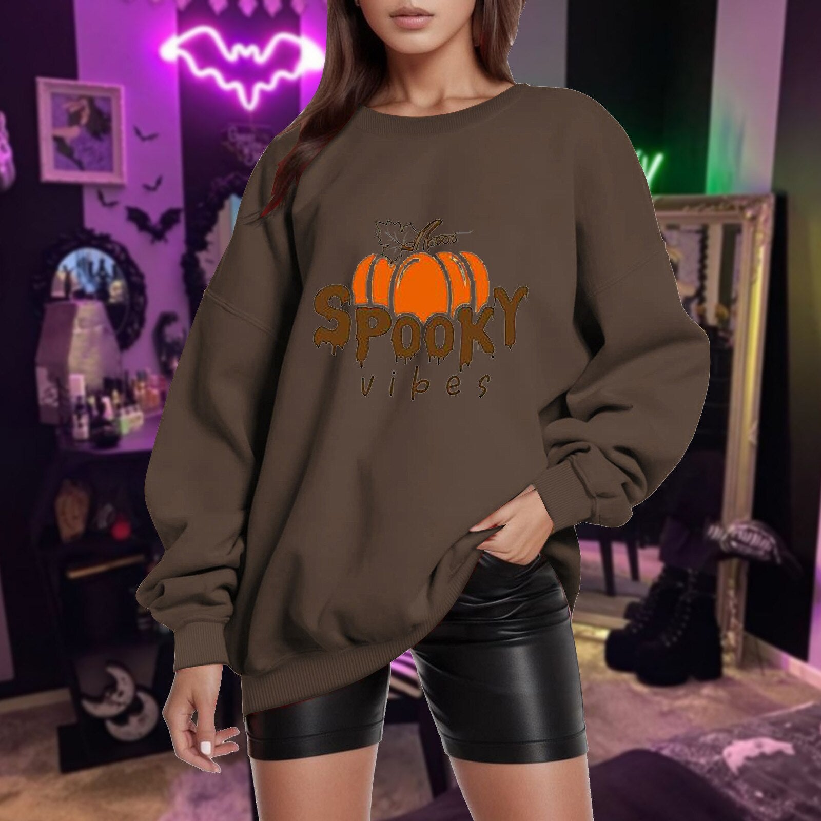 Womens Casual Loose Solid Halloween Pumpkin Print Off Shoulder Sleeves Hatless Sweater Graphic Workout Tops Women Brown