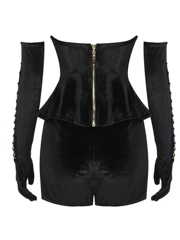 Luxury Women Winter Sexy Strapless Backless Circle Sequined Black Mini Skirt Set Elegant Evening Club Party Outfits