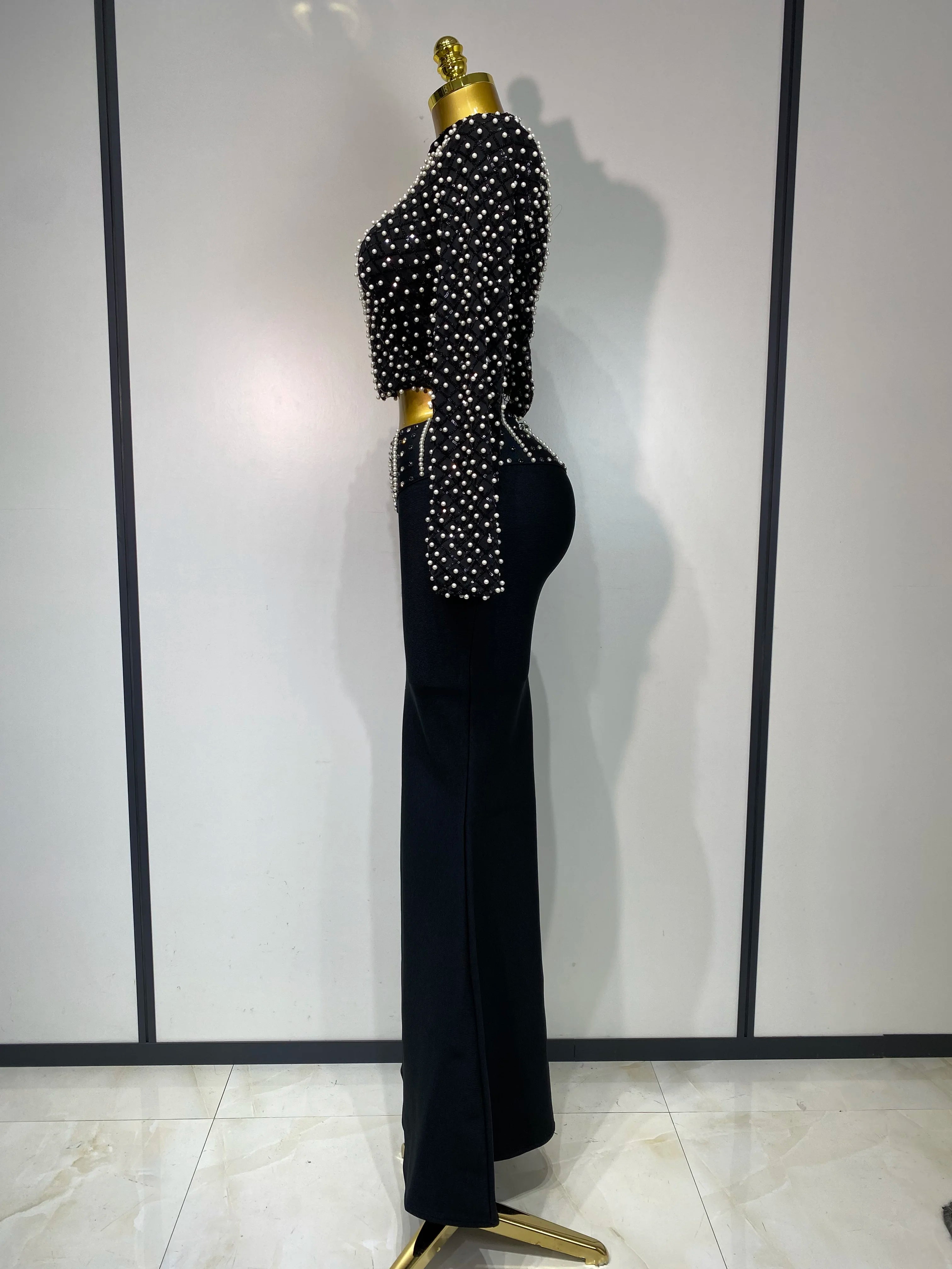Women Long Sleeve Black Mesh Studded Dianonds Crystal Pearl Two Pieces Bandage Set Celebrity Sexy Evening Party Birthday Gown