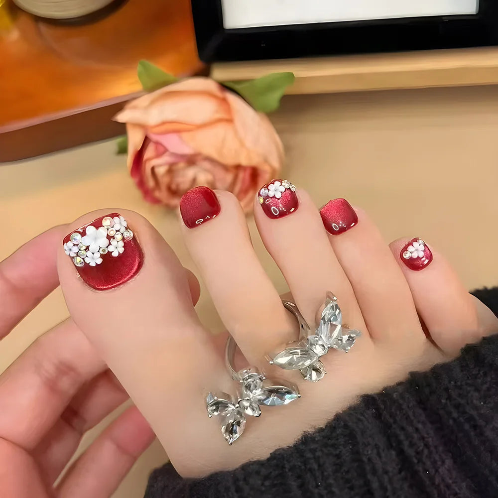 24pcs Blue Cat Eye Press on Toenails with 3d Butterfly Summer Wearable False Toe Nails Glitter Diamond Design Fake Toenails 5