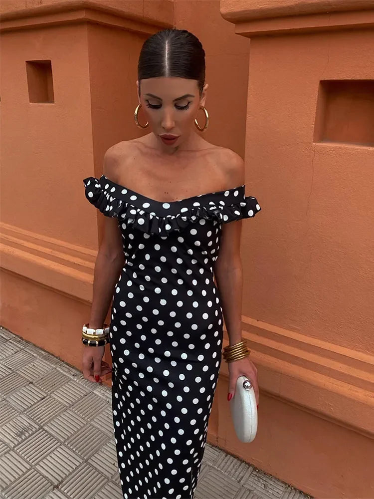 Elegant Polka Dot Print Ruffles Maxi Dress Women Fashion Strapless Slash Neck Backless Vestidos Lady Party Club Sexy Robes