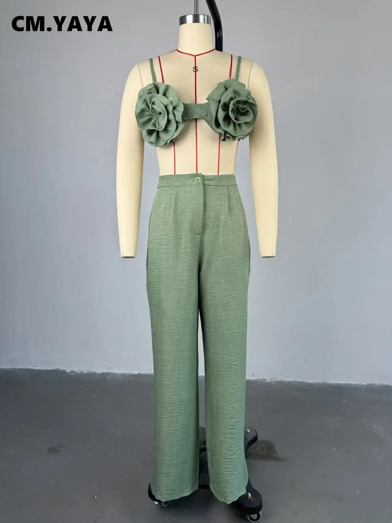 Streetwear Women's Set Sleeveless 3D Flower Crop Bra Top+Wide Leg Pants Elegant beach holiday Two 2 Piece Set Outfits