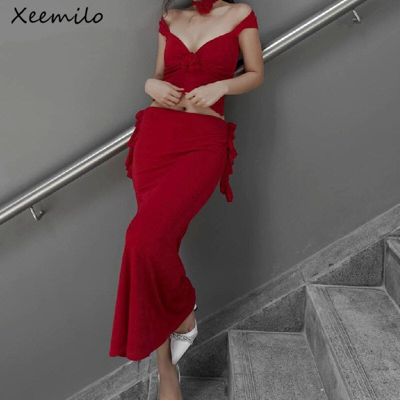 Xeemilo Sexy Three-dimensional Flower Low-cut Crop Top With High-waist Ruffles Long Hip Skirt 2024 Elegant Women Party Outfits