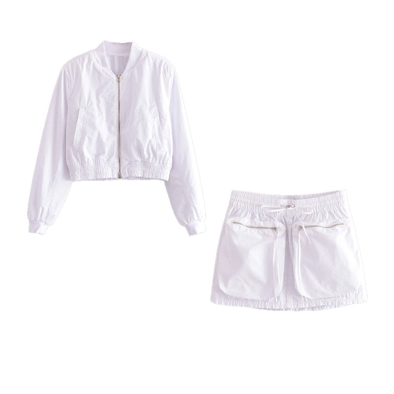 TRAF Women Spring Pilot Jackets Skirt Sets 2024 Fashion Print Long Sleeved Short Coats Pockets Elastic Waist Mini Skirts Outwear Sets-2