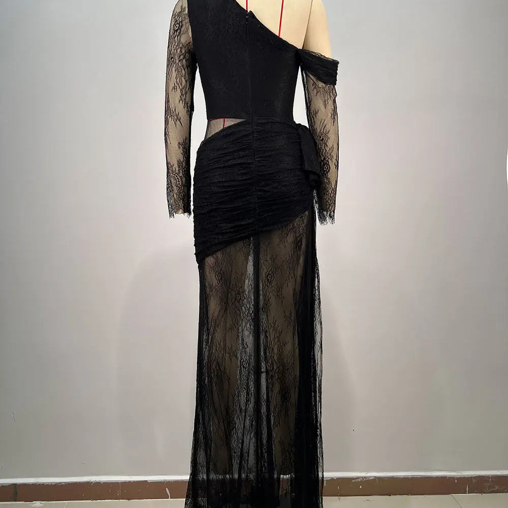 2025 Women's Light Luxury Lace Maxi Dress Diagonal Collar Lace Long Sleeve Bodycon Draped Split Sexy Long Dresses Party Vestidos