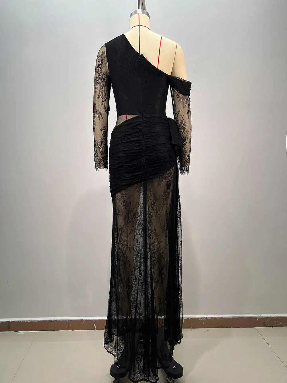 2025 Women's Light Luxury Lace Maxi Dress Diagonal Collar Lace Long Sleeve Bodycon Draped Split Sexy Long Dresses Party Vestidos