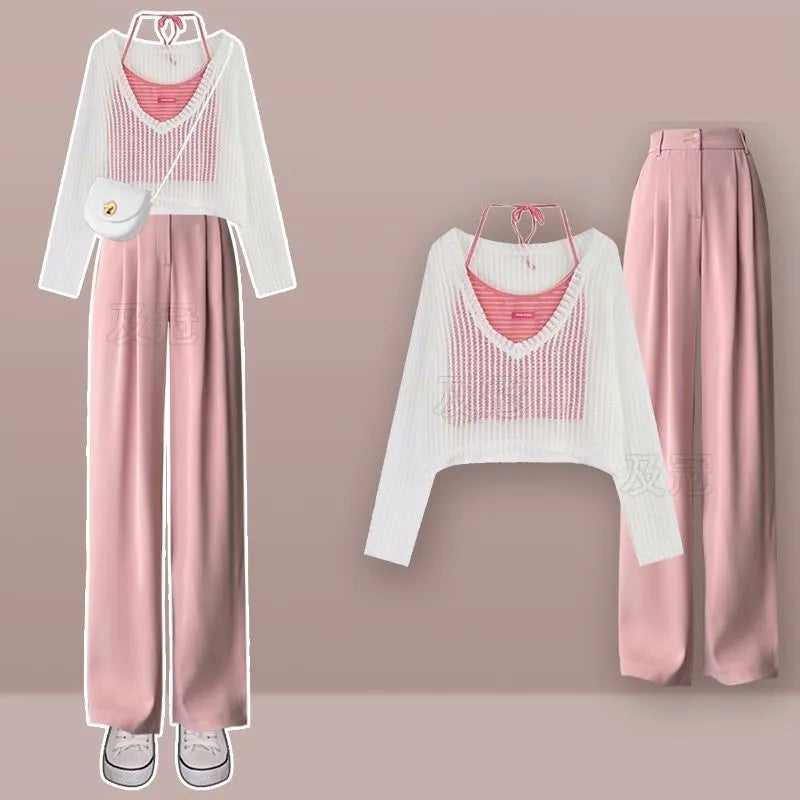 Women's Summer Fashion Hollow Out Shirt+Suspender+Wide Leg Pants Three Piece 2024 New in Matching Set Korean Elegant Tracksuit Pink Three-Piece
