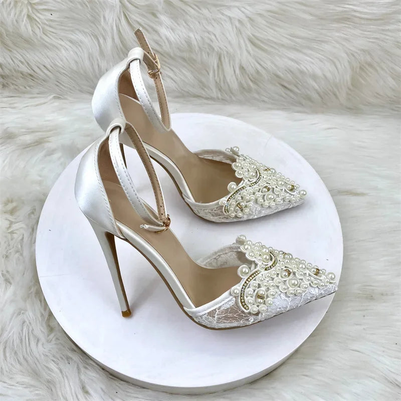 Pearl Mesh Sandals For Women Rhinestones Pointed Toe Lace High Heel Ankle Buckle Strap Fashion Shallow Shoes Plus Size 33-36
