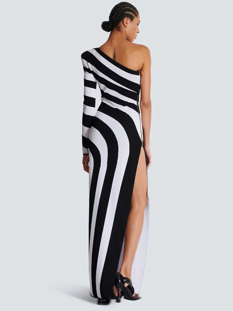 Women Celebrity Sexy One Shoulder Striped Jacquard Maxi Long Split Bodycon Bandage Dress 2024 Elegant Evening Club Party Dress