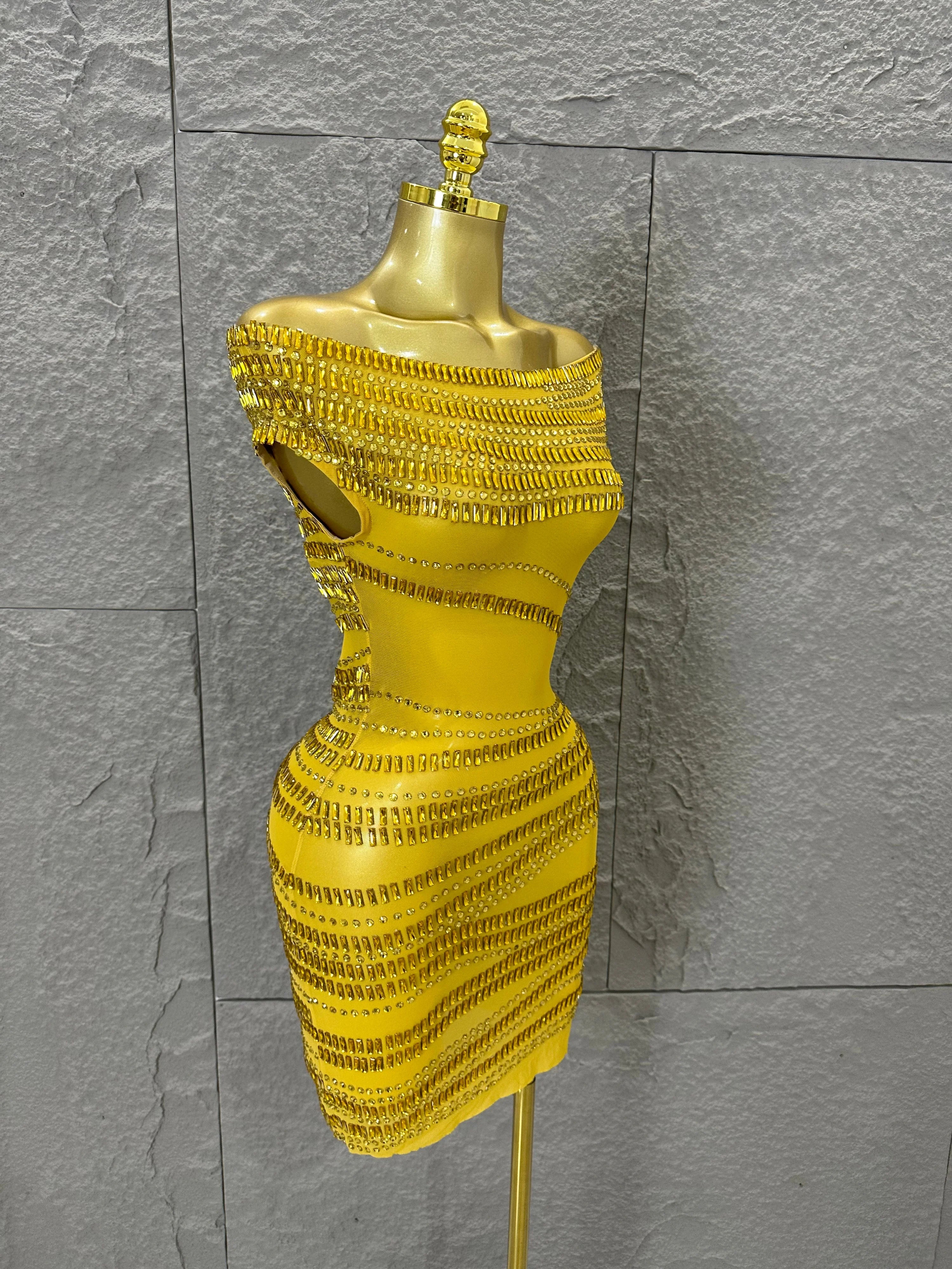 Luxury Gold Off-Shoulder Mini Dress Women Sexy Sheer Mesh Full Gold Crystal Embellished Form-Fitting Outfit Formal Event Party