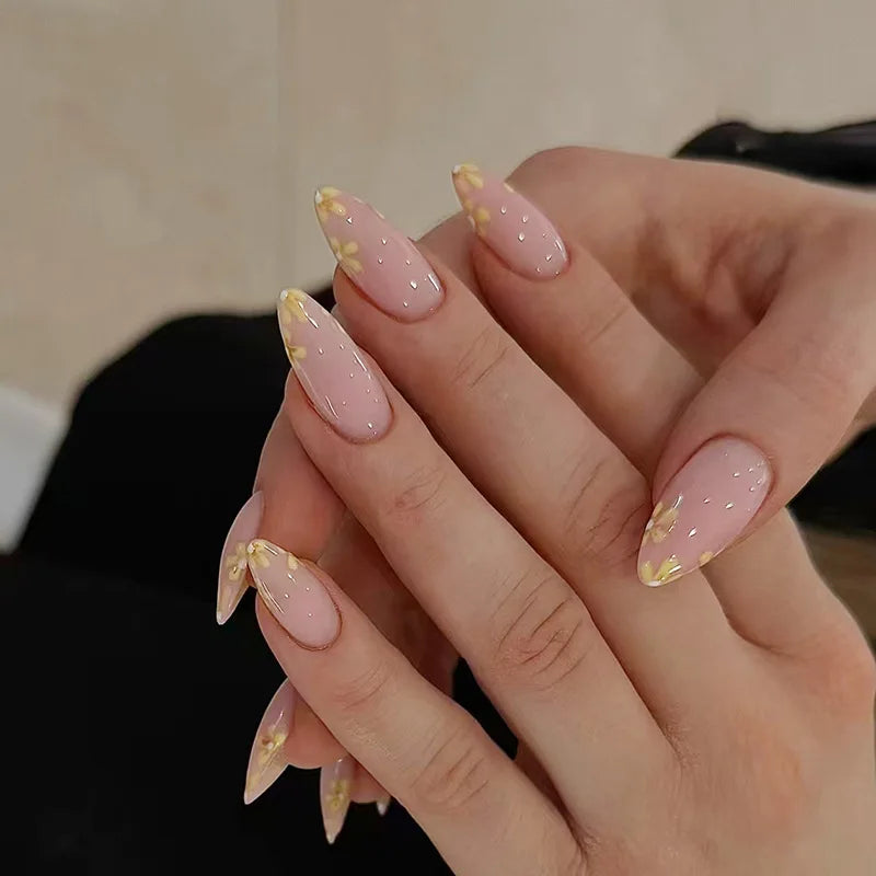 24Pcs Frosted Nude Color False Nails Press on Long Almond Round Head Nails Set with Cute Flowers Design Detachable Fake Nail Tip 1947