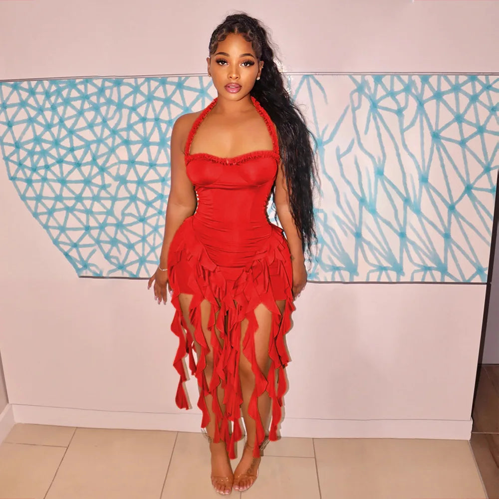 CM.YAYA Women Sleeveless Strapless Halter Long Dress Summer Streetwear Beach Tassel Evening Sexy Night Party Dresses Vestidos